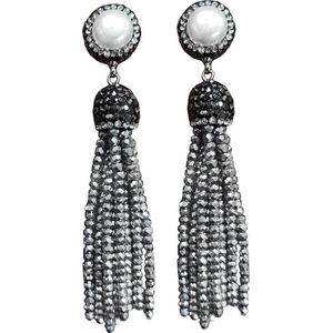 Zoetwater parel oorbellen Bright Pearl Silver Crystal Tassel - oorstekers - echte parels - wit - zilver - stras steentjes - kwastje