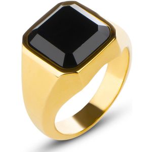 Zegelring Heren Goud kleurig met Zwarte Steen - Staal - Cadeau voor Man - Mannen Cadeautjes Accesoires