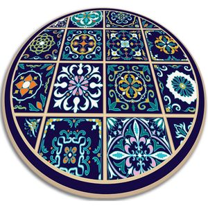 Tulup Vinyl Tapijt - Portugese tegels PVC Vloer Mat - 120 cm - Zwart Vloerkleed Vinyl - Ronde PVC Tapijt - Slaapkamertapijt - Woonkamertapijt