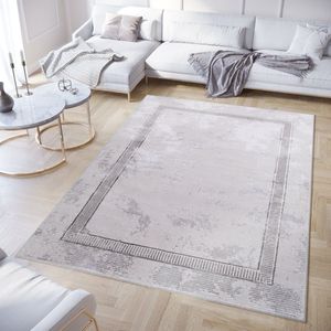 Tapiso Crystal Vloerkleed Grijs Frame Laagpolig Modern Tapijt Maat- 140x200