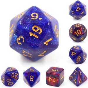 Polyset Dice | Dobbelstenen - Set Van 7 Stuks - Rood Roze Blauw Glitters en Goud| Polydice | Voor D&D en Andere Rollenspellen | Plastic Dobbelstenen Set voor Dungeons and Dragons | Polyhedral Dice Set | Mooie Zwarte Velvet Dice Bag voor 3 Sets