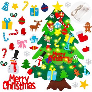 Trend24 - Vilten kerstboom voor kinderen - Vilten kerstboom - Kerstboom vilt - Vilten kerstboom met verlichting - Vilten kerstboom voor kinderen met verlichting - Vilt - Met LED slinger - Met 30 ornamenten - Groen - Veelkleurig - 69 x 98 cm