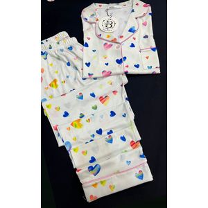 Dames 2- Delige -Pyjama- Luxe Pyjamaset- Nachtkleding- Homewear- Katoen- Cadeauset voor Vrouwen- Zomer- Hartjes Print Maat M