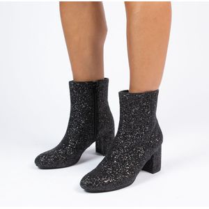 Manfield - Dames - Zwarte glitter enkellaarsjes met hak - Maat 36