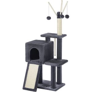 Rootz krabpaal - krabpaal met speelgoed - krabpaal - kat klimboom - kattenspeelboom - kattenspeelboom - moderne krabpaal - krabpaalhuis - spaanplaat - pluche - sisal - rookgrijs - 42 x 32 x 118 cm (L x B x H)