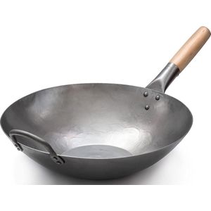 14"" Handgehamerde Pow Wok van koolstofstaal met platte basis en houten en stalen handgreep