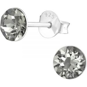 Zilveren oorknop, Black Daimond kristal (6MM)