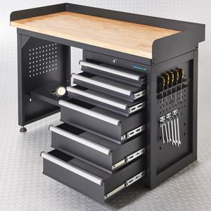 Datona® Werkbank PRO - eiken werkblad - 6 lades - 150 cm - Matzwart