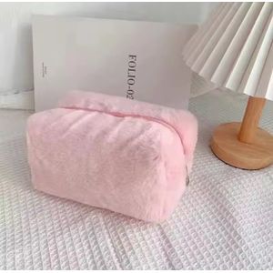 Furry Make-up Tas Roze - Make Up Organizer - Etui - Tasje voor Make-up - Reistas - Skincare Organizer - Reis Toilettas - Makeup Organizers - Cosmetica Tas - Stoffen Tasje - Ook Voor Kwasten - Stoffen Make-Up Tas