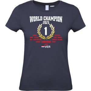 Dames T-shirt GP Won & World Champion 2023 | Formule 1 fan | Max Verstappen / Red Bull racing supporter | Wereldkampioen | Navy dames | maat L