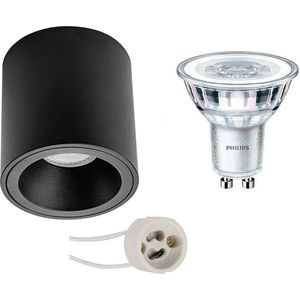 Opbouwspot Set - Pragmi Cliron Pro - GU10 Fitting - Opbouw Rond - Mat Zwart - Verdiept - Ø90mm - Philips - CorePro 840 36D - 5W - Natuurlijk Wit 4000K - Dimbaar