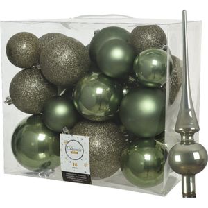 Kunststof kerstballen met glazen piek - mosgroen - 27-delig