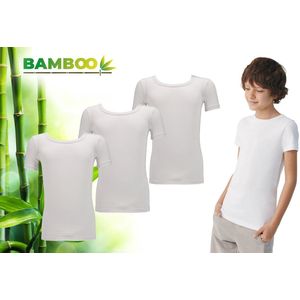 Bamboo - T Shirt Kinderen Jongens - Ronde Hals - 3 Stuks - Wit - 122-128 - Bamboe - Ondershirt - Extra Lang - Anti Zweet T-Shirt Jongens