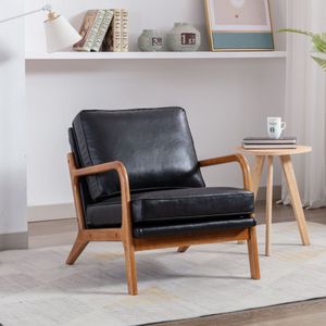 Houten Frame Fauteuil - Moderne Accent Stoel - Lounge Stoel voor Woonkamer - Zwart PU