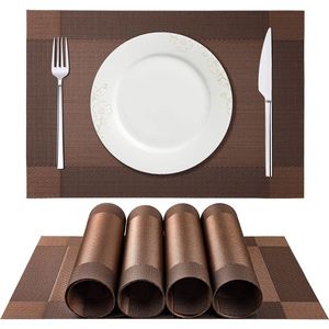 Placemat set, antislip, afwasbaar pvc en hittebestendig, placemats voor thuis of restaurant, voor de eettafel (bruin/zilver)
