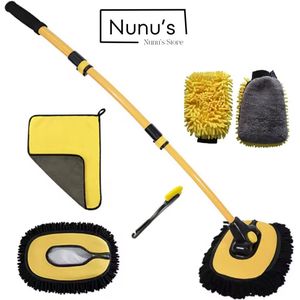 Nunu's® | Compleet 5 in 1 Autowas Pakket | 15° Telescopische Autowasborstel met Extra Mop, Washandschoen, Velgenborstel & Dubbele Microvezeldoek – Alles-in-één Auto Cleaning Kit | Voor Auto, Motor & Caravan