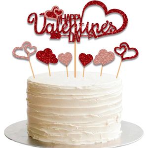 Valentijn Decoratie Taarttopper Bruiloft Valentijn Versiering Cake Topper Hartjes Taart Topper Bruidspaar Rood - 7 Stuks