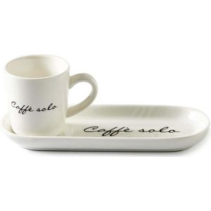 Riviera Maison Kop -en schotel, Espresso mok met tekst - Caffè Solo - Wit - Porselein - 85 ml - 1 stuk
