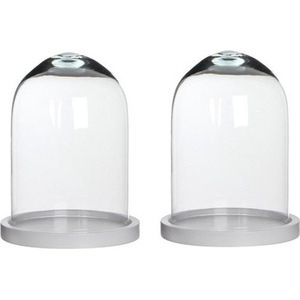 2x Glazen decoratie stolpen Hella op witte houten plateau 17 x 23 cm - Home Deco stolpen - Woonaccessoires