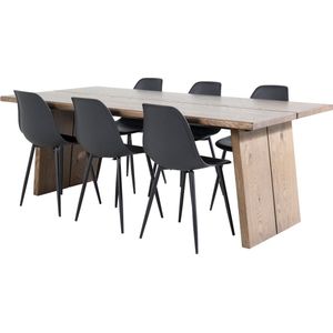 Logger eethoek eetkamertafel uitschuifbare tafel lengte cm 210 / 310 rokerig eik en 6 Polar eetkamerstal zwart.