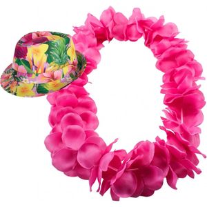 Hawaii thema party verkleedset - Hoedje Tropical print - bloemenkrans neon roze- Tropical toppers - voor volwassenen