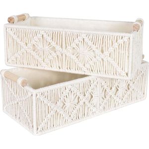 Set van 2 gevlochten opbergmanden - Handgemaakte macramémand van katoenen touw - Organizer voor slaapkamer en woonkamer - Geschenkmand - Broodmand - Wit .