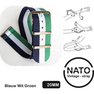 20mm Premium Nato Strap Groen Wit Zwart - Vintage James Bond - Nato Strap collectie - Mannen - Horlogeband - 20 mm bandbreedte voor oa. Seiko Rolex Omega Casio en Citizen