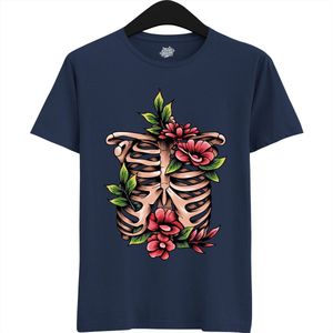 Blooming Bones Ribcage - Halloween Ribbenkast Dames / Heren Unisex T-shirt - Grappig Kostuum Shirt Idee Volwassenen - T-Shirt - Unisex - Navy Blauw - Maat M