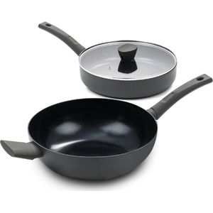 ISENVI Avon Combideal - Hapjespan en wokpan - Ergo grepen - Antraciet - Keramisch - 100% PFAS, PTFE en PFOA vrij - 100% duurzaam - Unieke Antiaanbaklaag - Non-stick bodem - Vaatwasbestendig - Geschikt voor alle warmtebronnen inclusief inductie