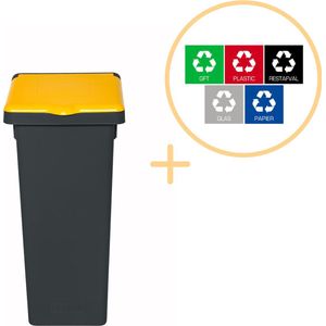 Plafor Fit Bin Prullenbak met Deksel voor Afvalscheiding - 75L – Zwart/Geel- Inclusief 5-delige Stickerset - Afvalbak voor gemakkelijk Afval Scheiden en Recycling - Afvalemmer - Vuilnisbak voor Huishouden, Keuken en Kantoor - Afvalbakken - Recyclen