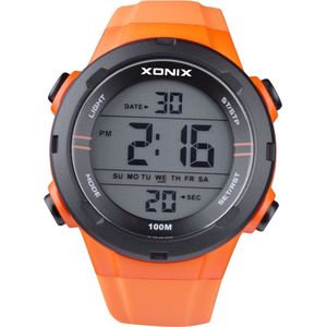 Xonix VZ-A01 - Horloge - Analoog - Heren - Mannen - Rond - Siliconen band - ABS - Cijfers - Achtergrondverlichting - Alarm - Start-Stop - Chronograaf - Tweede tijdzone - 12/24 - Waterdicht - Oranje - Zwart - 10ATM