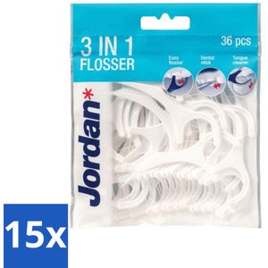 Jordan - 3-in-1 Flosser - Tandenstokers met flosdraad - 50 Stokers - Bulkverpakking - 15 stuks