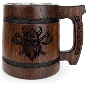 Handgemaakte eikenhouten Viking Bier Tankard voor mannen - 06 liter 20 oz - roestvrijstalen beker - authentiek ontwerp - kerstcadeau - Verjaardagscadeau - Vaderdag cadeau