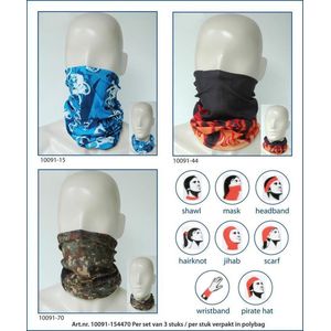 Ega Multipromotions - elastische bandana - neksjaal - nekwarmer - sjaal - motief fiets - motief vlammen - motief Camo - set van 3 assorti - blauw/wit - zwart/rood/oranje - Camo groen/bruin/zand