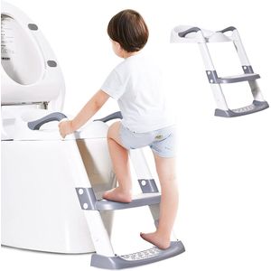 Toilettrainer met trap, opvouwbare toiletbril voor kinderen met traparmleuningen, zacht kussen, antislip 5 in hoogte verstelbare toiletbril, toiletbrilladder, zindelijkheidstrainer voor baby's, peuters, kinderen