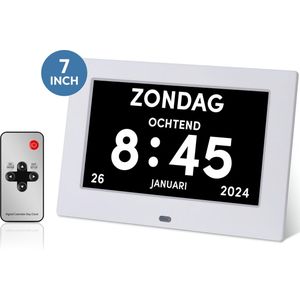 BOLLIT Dementieklok - 7 inch display - Wit - Met afstandsbediening - Digitaal - Klok met datum - Medicatiealarm - Dementie klok - Dementieklokken - Dementieklokken digitaal - Alzheimer - Dementiekalenderklok - Klok digitaal - Wandklok - Kalenderklok
