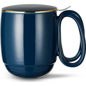 Thee kopje met deksel en zeef, 480 ml Groot losse thee kopje met spiraalvormig handvat, marineblauw, gladde porseleinen thee kopjes met gouden afwerking, deksel om thee te laten trekken.