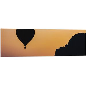 WallClassics - Vlag - Silhouette van een Luchtballon en Bergen - 120x40 cm Foto op Polyester Vlag