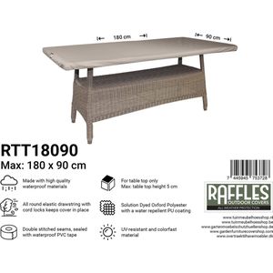 Raffles Covers Beschermhoes tuintafel - 180 x 90 H: 5 cm - RTT18090 - Waterdicht | Solution Dyed | UV-bestendig | Elastisch trekkoord | Airvents - Tuintafelhoes