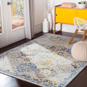 Vintage tapijt groot - tapijten woonkamer, eetkamer, hal, tapijt woonkamer - oosters tapijt boho stijl - kleurrijk patroon, marineblauw, mosterd, groenblauw, lichtbeige 120x170cm