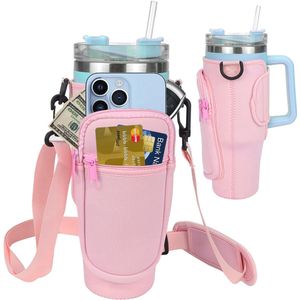 Cup draagtas voor beker - waterfleshouder - draagtas - voor waterflessen met vak voor mobiele telefoon - verstelbare schouderriem -roze - 23*15cm