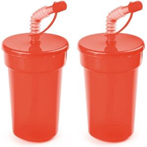 Set van 4x stuks afsluitbare plastic drinkbeker rood 400 ml met rietje voor kinderen/peuters