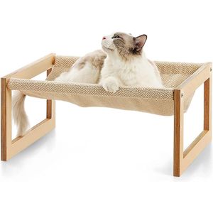 FUKUMARU Kattenhangmat, verhoogd kattenbed voor binnenkatten, grenen houten standaard kattenstoel, stevige draagbare huisdierenmeubels, wasbare linnen zachte hondenhangmat voor kleine middelgrote katten