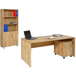 Furni24 Bureauset Nuvi saffier eiken decor, bestaande uit: bureau 180 cm, rolblok met 3 laden & archiefkast, open aan de bovenzijde en deuren aan de onderzijde 190 cm hoog