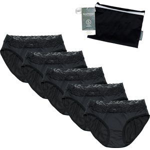 Cheeky Pants Feeling Pretty - Set van 5 + wetbag - Maat 44-46 - Zwarte menstruatie ondergoed - Zero waste - Comfortabel - Incontinentie ondergoed