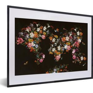 Fotolijst incl. Poster - Wereldkaart - Bloemen - Vlinder - Zwart - 40x30 cm - Posterlijst