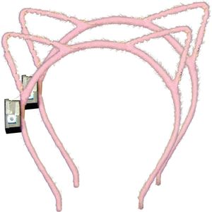 Verkleed/feest diadeem katten/poezen oren/oortjes - 2x - roze - meisjes - LED licht - carnaval