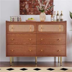 Lade commode - commode met 6 lades - rotan dressoir highboard voor slaapkamer - alle woonruimtes - walnoot - -H90/B120/T40 cm