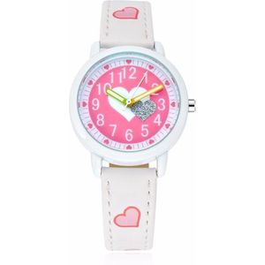 Meisjes Horloge - Wit met Roze Hartjes – Leren Bandje - Girls Watch