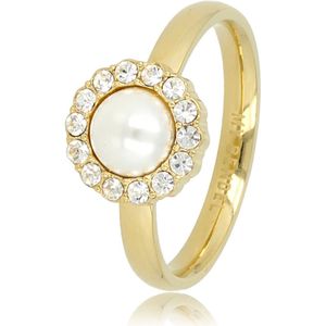 My Bendel - Ring goud met zirkonia steentjes en witte parel - Gouden ring met een ronde witte parel versierd met zirkonia steentjes - Met luxe cadeauverpakking